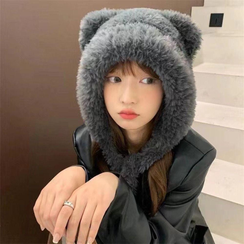 Lamb Fleece Bear Ears Skull Cap Earmuffs Ear Protection Beanie Hat Woolen Plush Hat Female/Girls