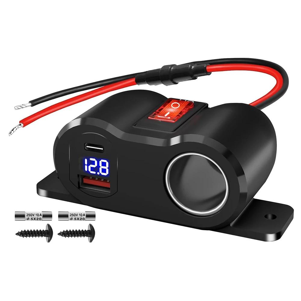 12V Car Charger Power Adapter QC3.0 &PD3.0 Outlet Cigarette Lighter Socket Splitter with LED Voltmeter for RV Marine Boat