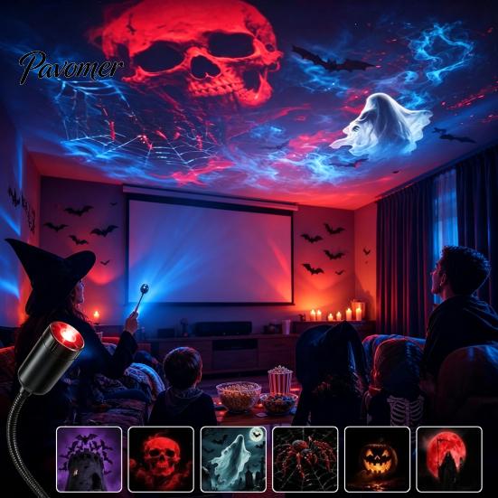 Bedroom Ceiling Projector Halloween Night Light Projector, 6 Horror Projection Discs, 360-degree Adjustment, USB Festive Room Lighting Powered