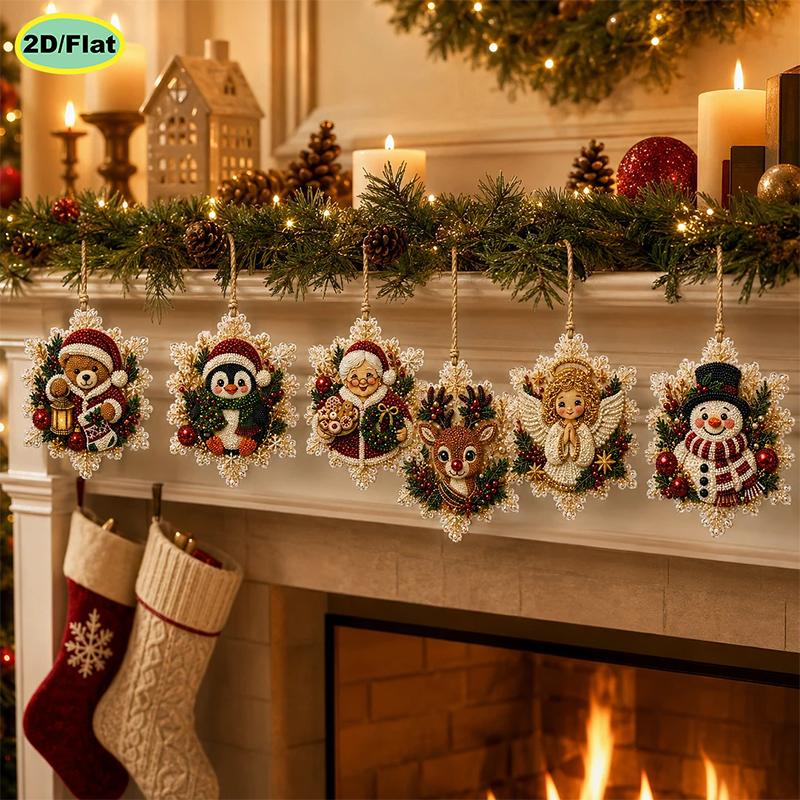 6pcs DIY Pearl Diamond Painting 2D Combination Set Animal Pattern Wooden Christmas Tree Pendant Holiday Party Artware Decoration