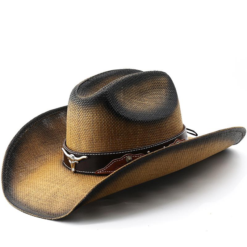 Cool Hat Women's Men's And Outdoor Sun Hat - Hard Top Denim Straw Hat - Ethnic Style Wide Brim Fedora 56-58Cm