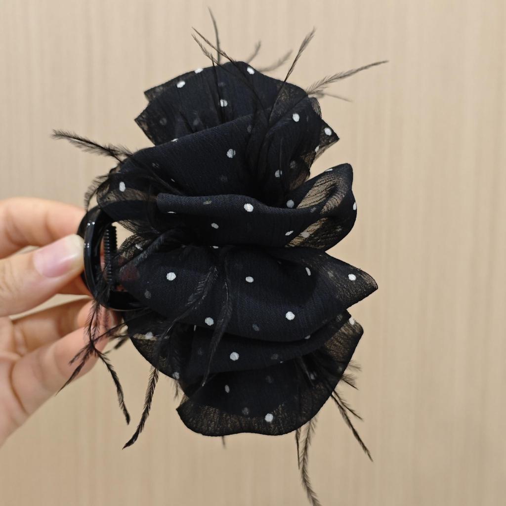 Korean Polka Dot Feather Hair Claw for Women - High-End Mesh Flower Hairpin Accessory