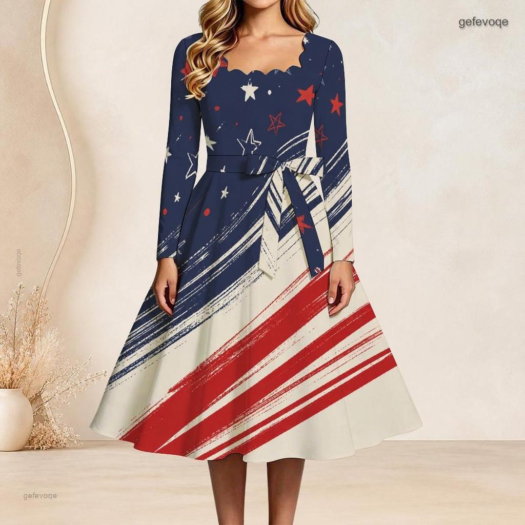 Plus Size Women Square Neck Long Sleeve Dress With Belt Red Blue Gold Star Firework Glitter Print Swing Dress