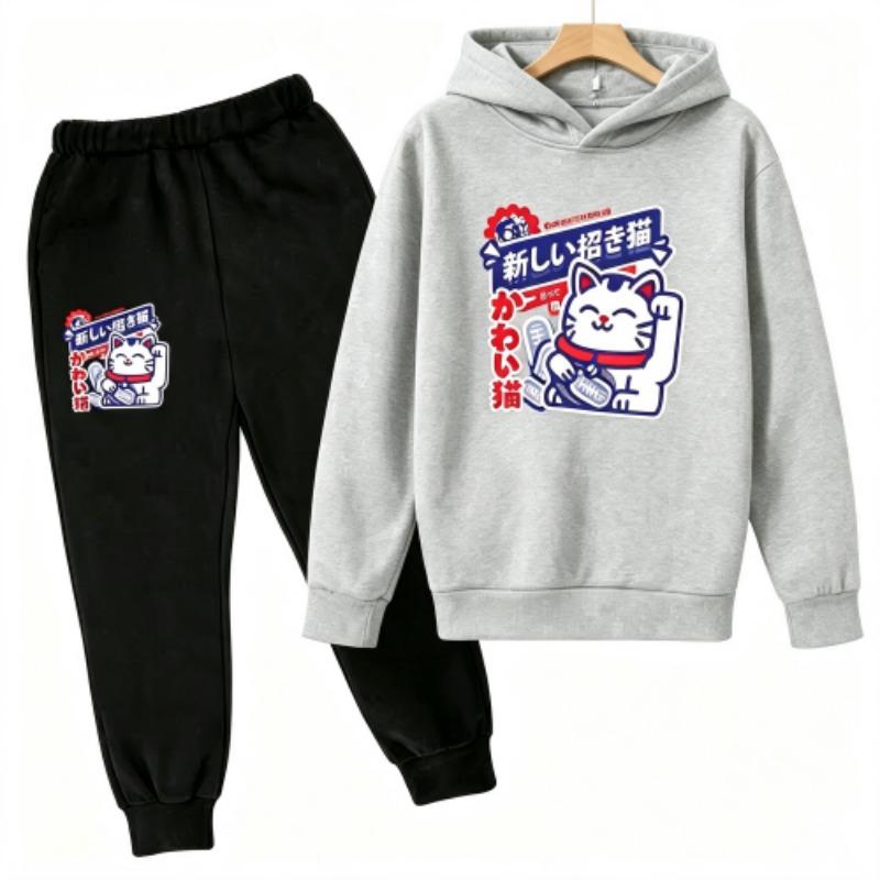 Fashion Cute Anime Cartoon Cat Print Kids Pullovers Pants 2-piece Set Street Casual Fashion Hoodies Vintage Boy's Girl Clothes