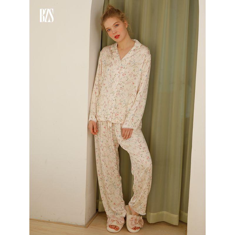 2024 Summer New Pajamas Two-piece Set Rayon Satin Print Peter Pan Collar Long Sleeves Pants Homewear Suit