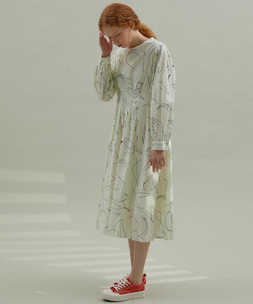 MANAVIS7 Scribble Cotton Dress Ivory