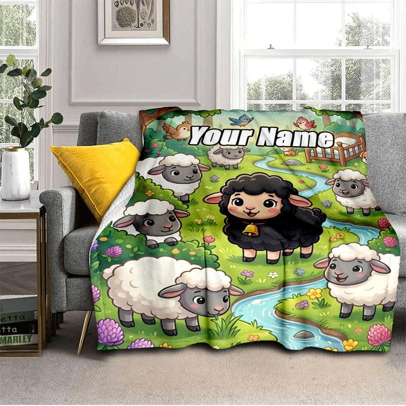 1PC Custom Name Sheep Garden flannel blanket versatile,all-season throw suitable for the living room,bedroom,camping,travel,and gift