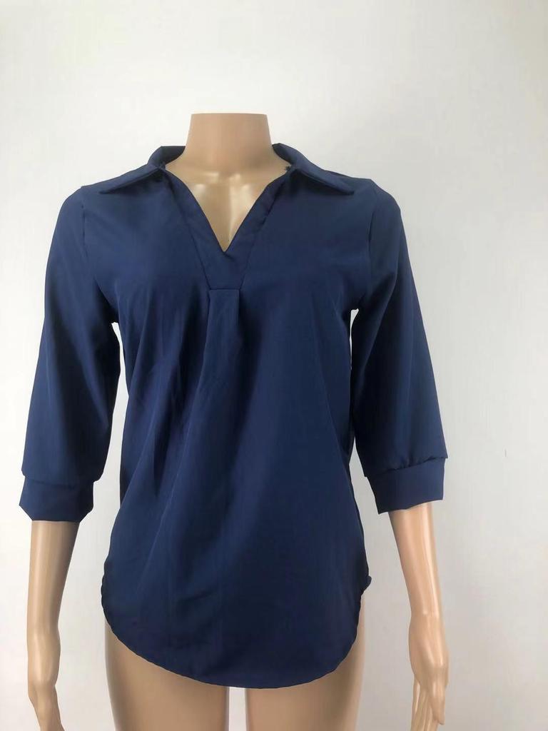 2025 Elegant Chiffon V-Neck Women's Shirt - Three-Quarter Sleeves, Solid Color
