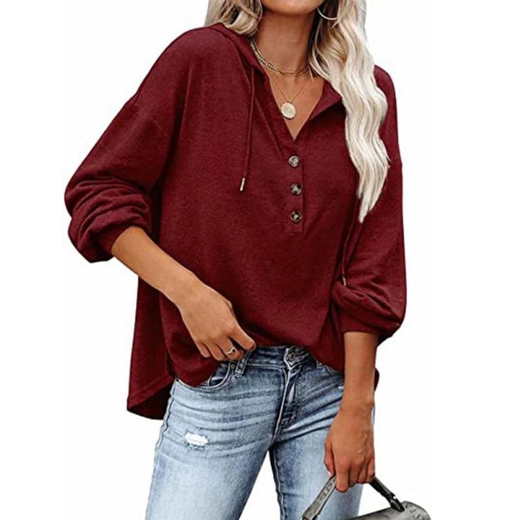 Autumn Winter Women Casual Loose V Neck Hoodie Top Solid Color Single Breasted Shirt