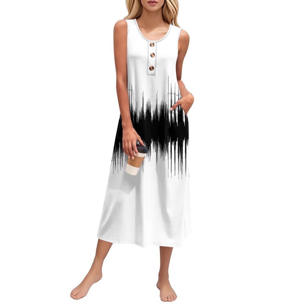 Women's Summer Vintage Color-block Patchwork Print Dress Sleeveless Button Down Casual Loose Long Beach Sundress