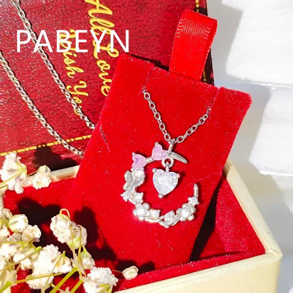 925 Sterling Silver Fashion Sweet Love Flower Bow Zircon Necklace Birthday Party Anniversary Gift серебряный