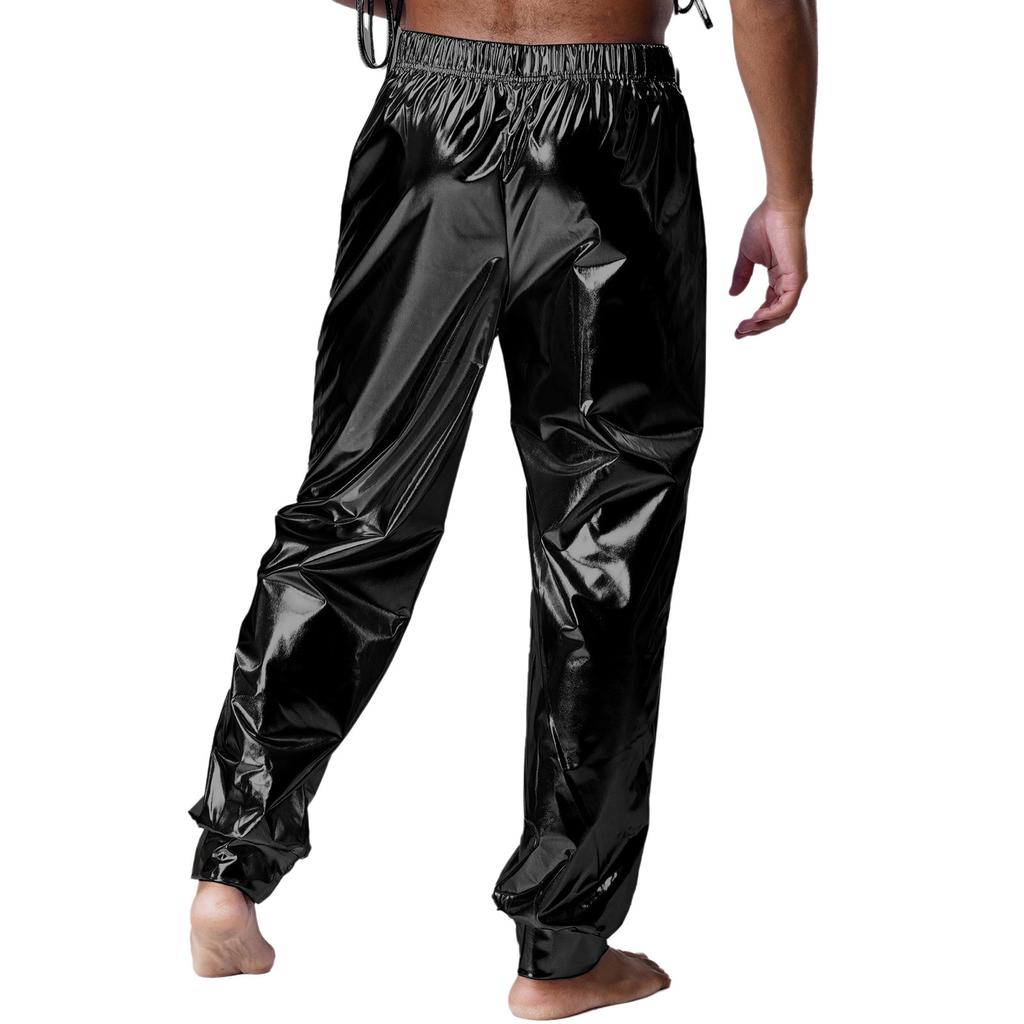 Mens Shiny Sport Pants Metallic High Waist Elastic Waist Loose Fit Modern Dance Pants Performance Wear