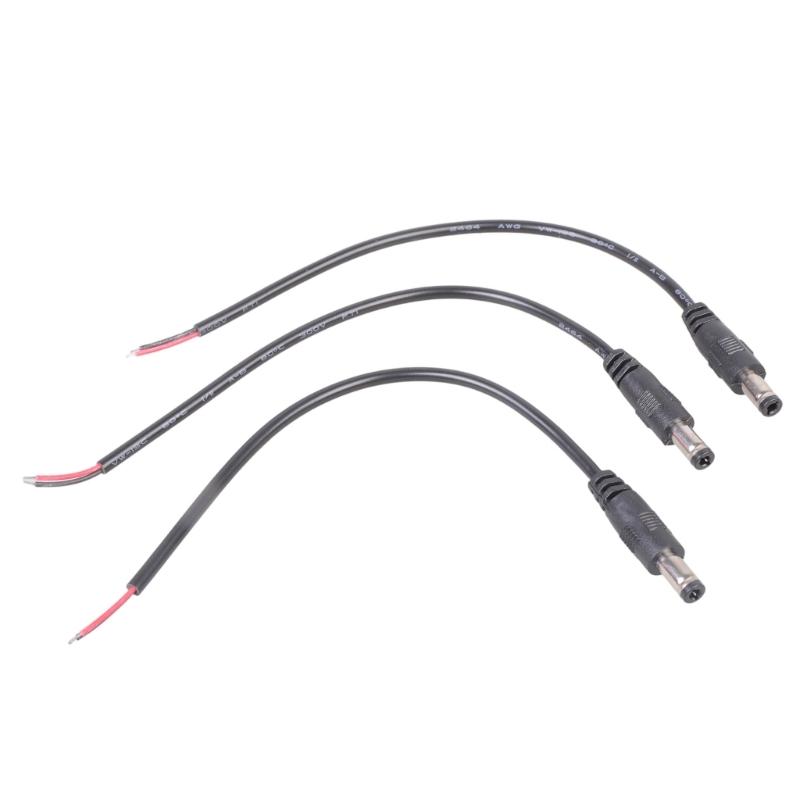 Pack of 3 5.5x2.5mm Male Plug to Bare Wire Cables Featuring Terminal Lugs Suitable for LED Strips and Monitoring Cameras