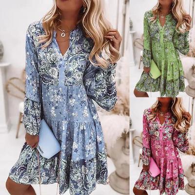 Damen Casual Loose Print Trompetenärmel Kleid Modekleid
