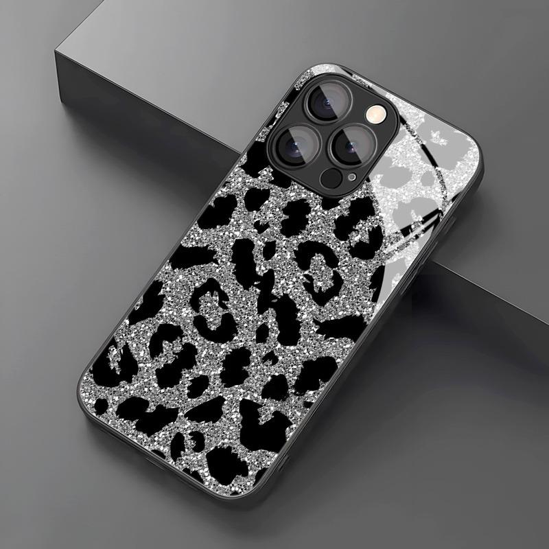 White Flash Leopard Pattern Tempered Glass Black Phone Case For Samsung Galaxy S25 S24 S23 Ultra Plus FE Cover