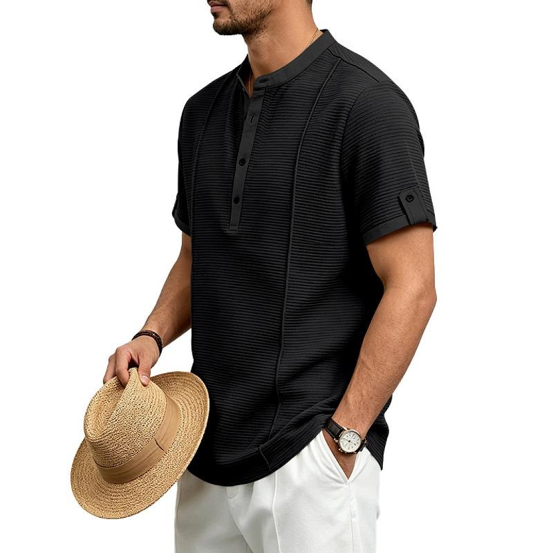 Men Mandarin Collar 3 Button Half Placket Contrast Trim Short Sleeve Shirt With Adjustable Cuff