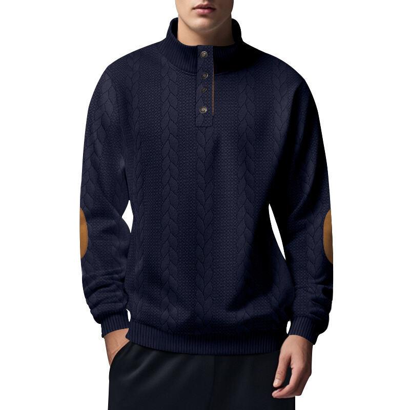 Jacquard Men's Button-Down Stand Collar Patchwork Henley Long-Sleeved Casual Sweatshirt