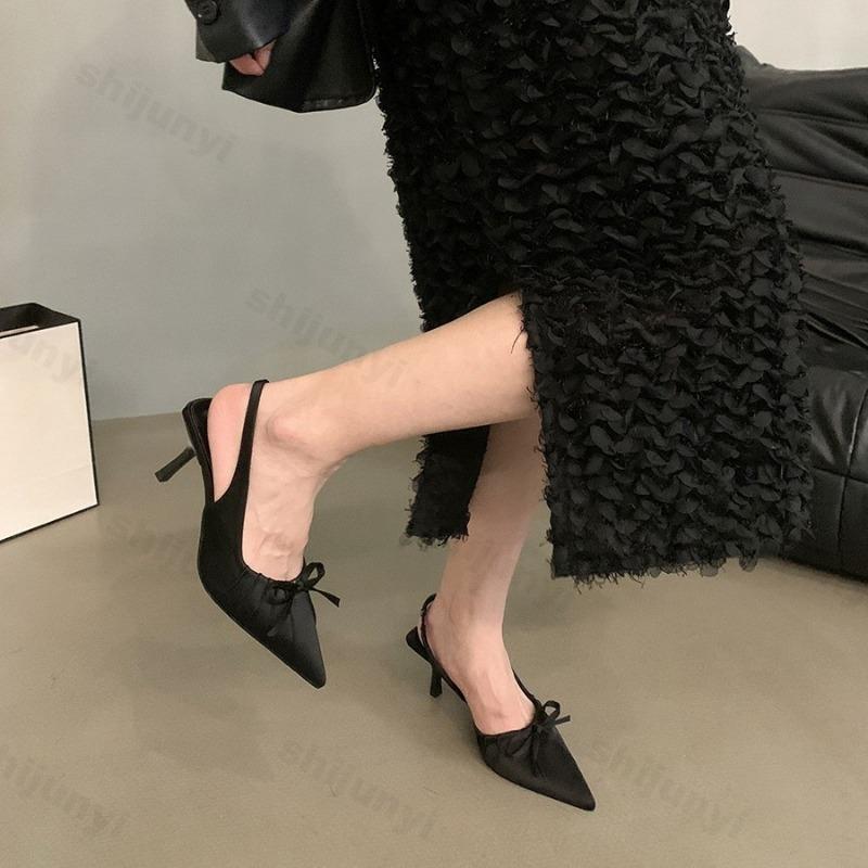Fashion Women's High Heels Leopard Thin Heels Sandals 2025 New Summer Pointed Bow Elegant Medium Heel Women's Shoes Slingbacks Pumps