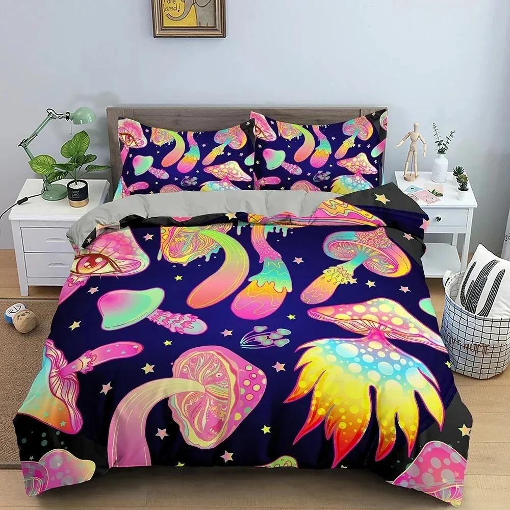 Mushroom Duvet Cover Set Trippy Drawing Hippie Design Psychedelic Bedding Set Comforter Quilt Cover Single Double Queen King
