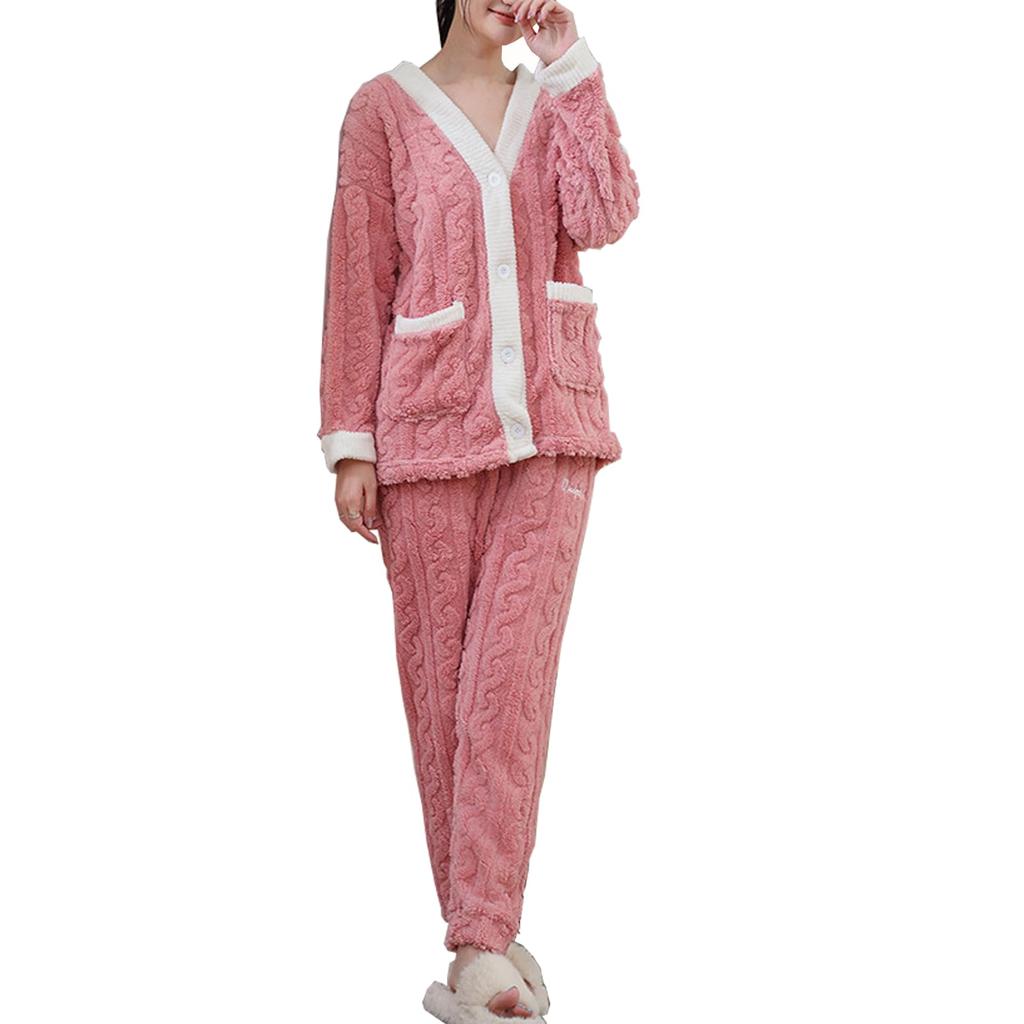CoeFodMavo Fluffy Loungewear Pajama Long Long and Cute and Fluffy Pajamas with Jacquard Solid Fleece and Lightweight for Autumn and Women's Set,