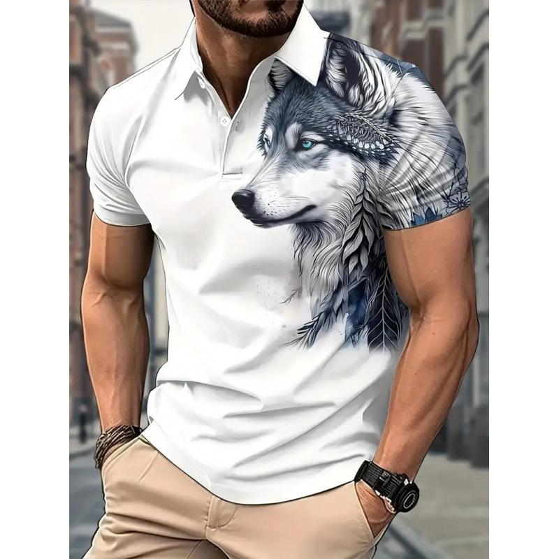 Trendy Wolf Forest Print Short Sleeve Polo, Casual Men's Top