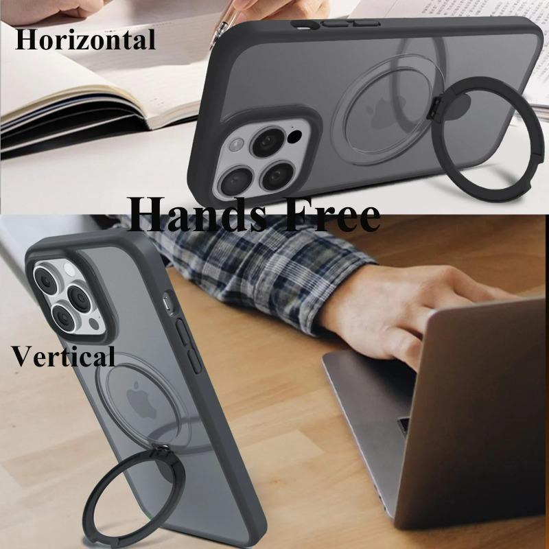 Magnetic Mobile Phone Case with Ring Stand for iPhone 16 15 14 Pro Max  Plus 13 12 11 Cases Translucent Cover with Protector