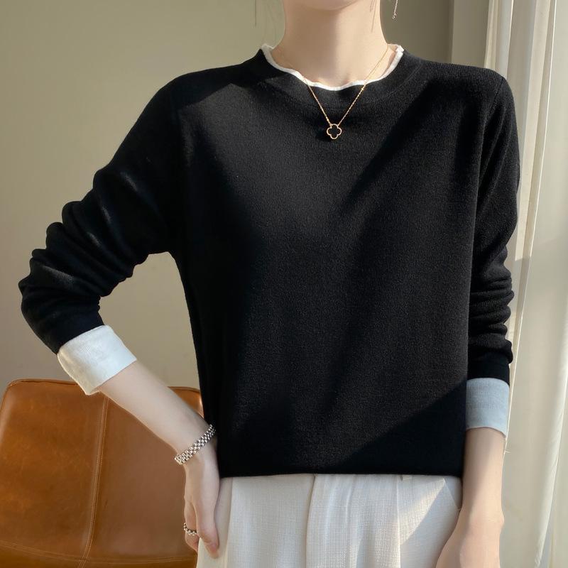 

2025 Autumn/Winter Women s Loose Color Block Round Neck Fake Two-Piece Knitted Sweater L