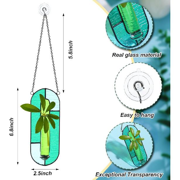 2 Sets Stained Glass Plant Propagation Station with Glass Tubes and Chain Hanging Terrarium Wall Plant Holder Decor for Living Room Window
