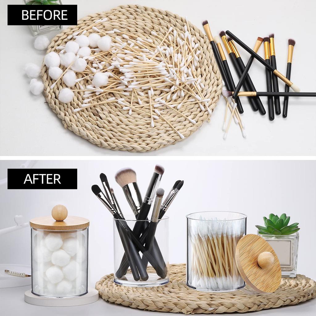 3Pcs 11.5 Oz Acrylic Qtip Dispenser Cotton Swab Holder Clear Qtip Dispenser Holder with Bamboo Lid Lightweight Bathroom Jar