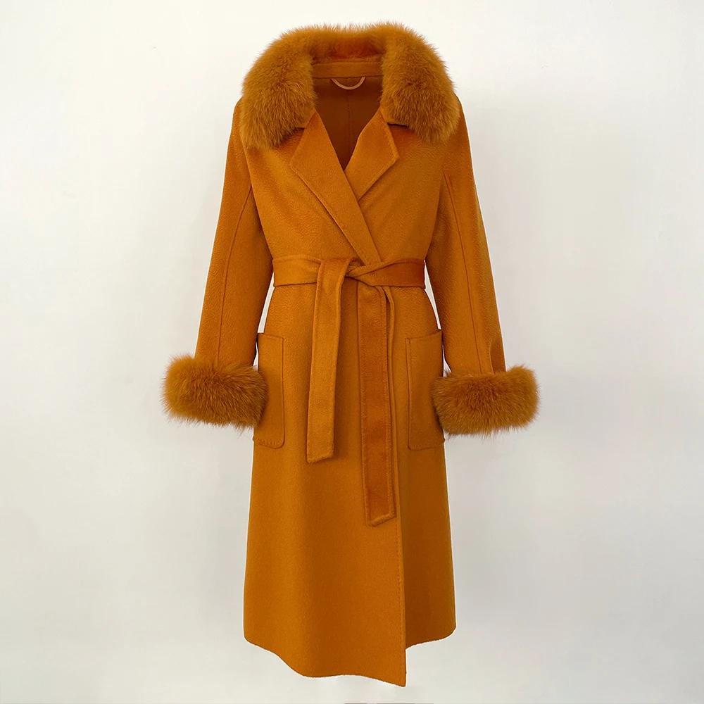 Woman Trend 2024 Autumn Winter 100% Double-sided Wool Coat Ladies Real Fox Fur Collar Detachable Long Coat