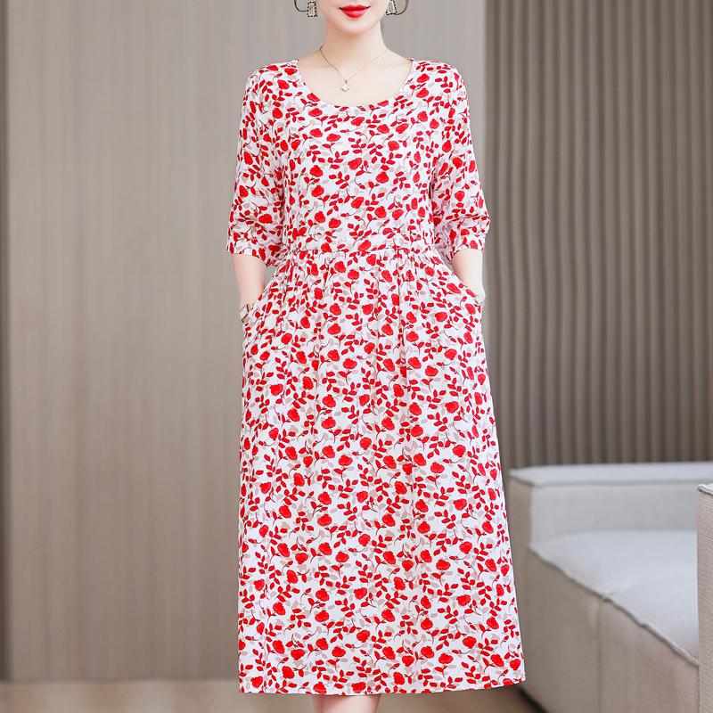 Casual Summer Women's Dresses  Plus Size Half Sleeve Vintage Print Long Dress Female