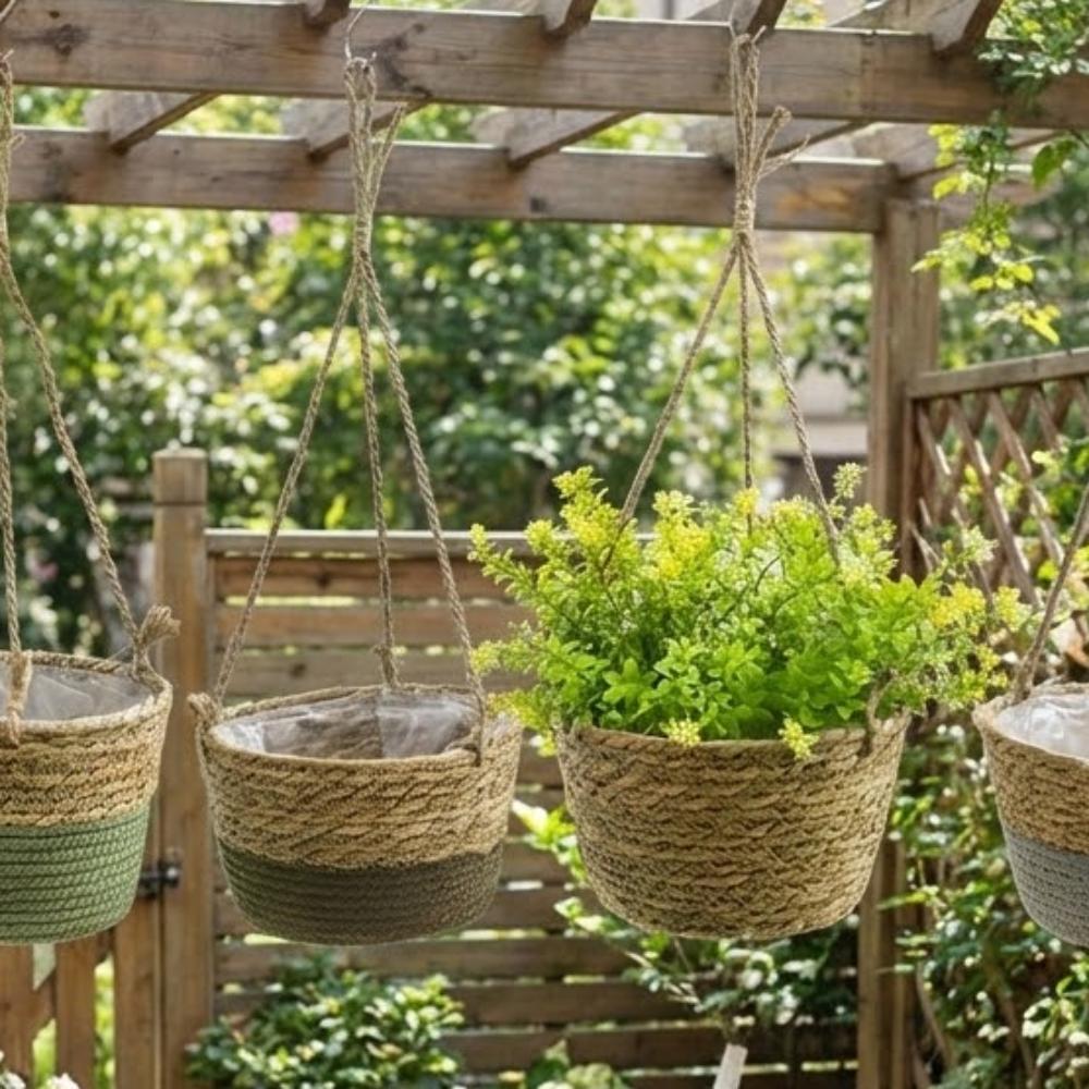 Handwoven Straw Hanging Basket Multi-Functional Woven Flower Basket Handmade Waterproof Macrame Plant Storage Basket Home Decor