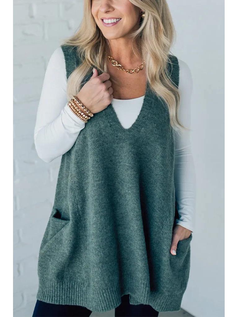 Herbst/Winter Einfarbiger V-Ausschnitt Taschen Strickweste Pullover 2025