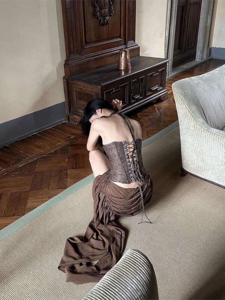 Women's Coffee Lace Embroidered Strapless Camisole with Padded Bust and Cinched Waist