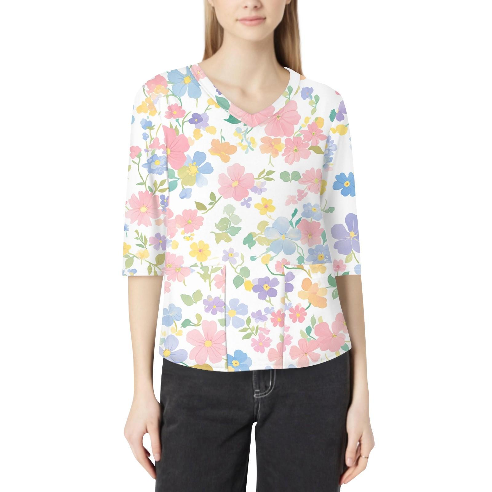 

Модная женская рабочая одежда с v-образным вырезом и рукавами 3/4, свободные топы с карманами и принтом XXL