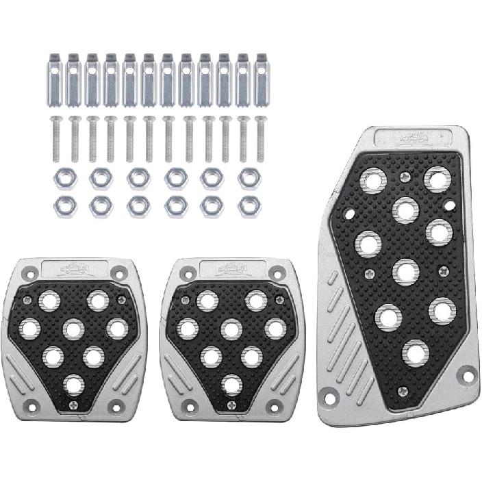 3 Pack Car Pedal Pads Auto Racing Sport Gas Brake Clutch Pad Cover Brake Pad Cover Rest Plate Foot Pedals Kit, Silver with Black