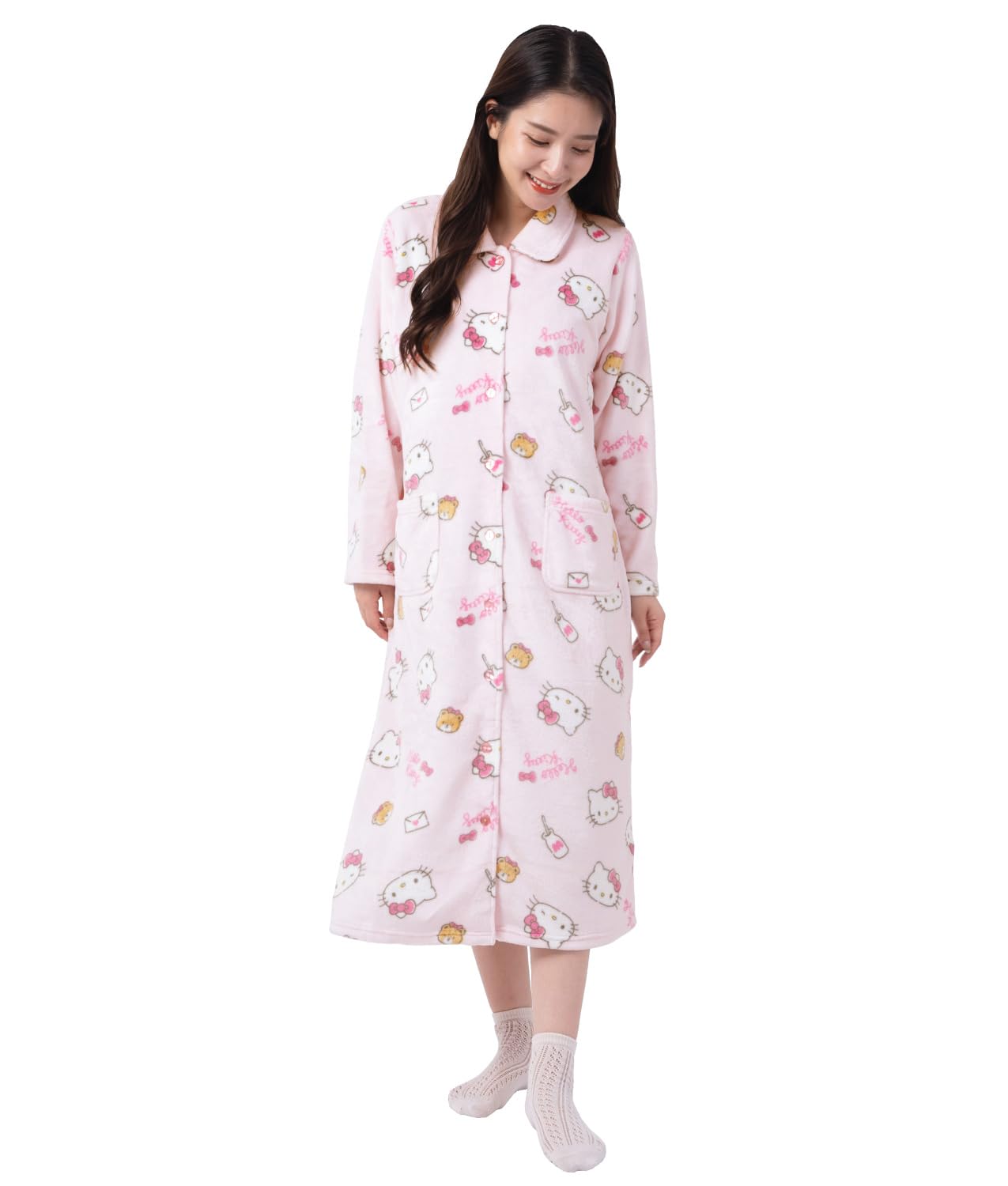 

Hello Kitty Nightgown Flannel Loungewear Pink Ribbon Hello Kitty [SAZAC] One-piece Women s Button-down (Pink/ML/SAN1747) рожевий
