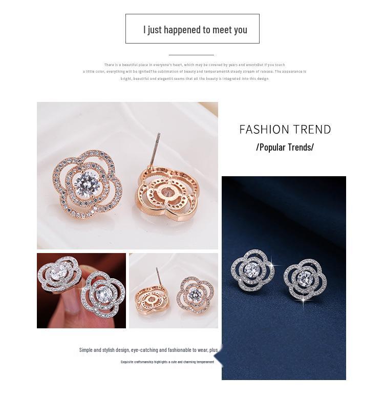 White Crystal Rhinestone Rose Earrings: Irregular Design with Round and Flower Studs