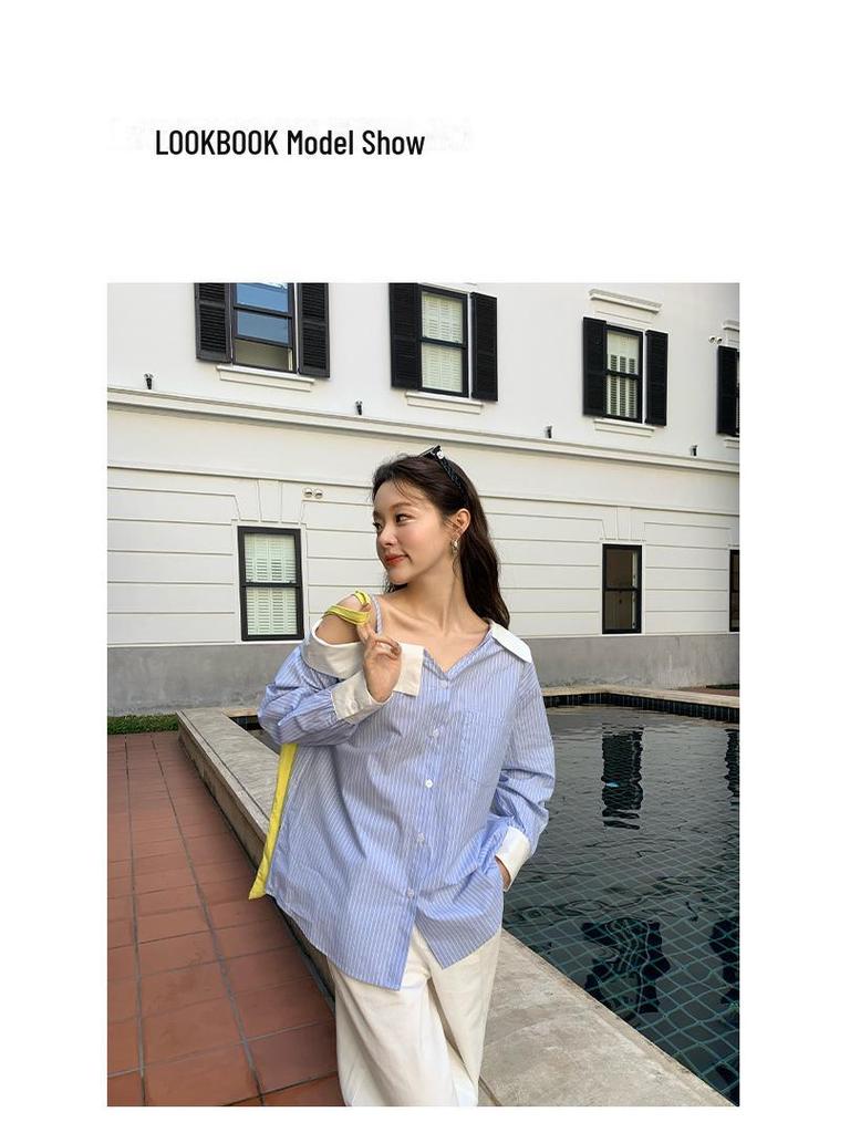 Thirteen Lines Spring 2025 French Style Off-Shoulder Striped Shirt for Women C3056