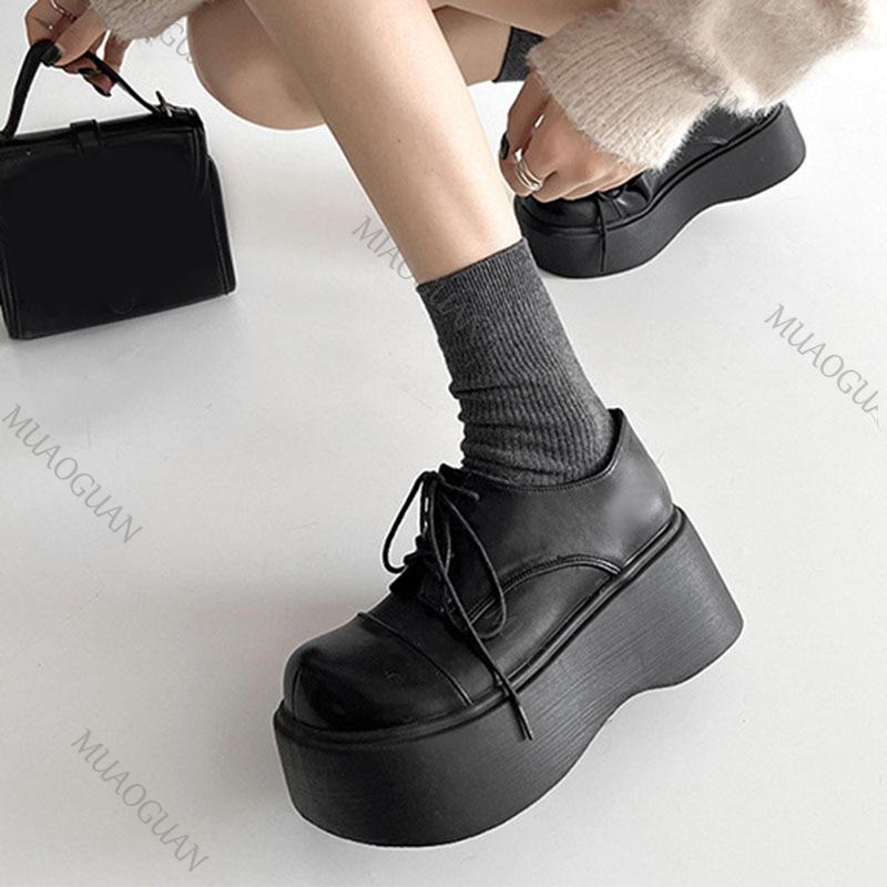 Fashion Retro Lace-Up Thick Bottom Leather Shoes Women's Autumn New Style College Style Black Platform Pumps JK Flat Bottom Loafers