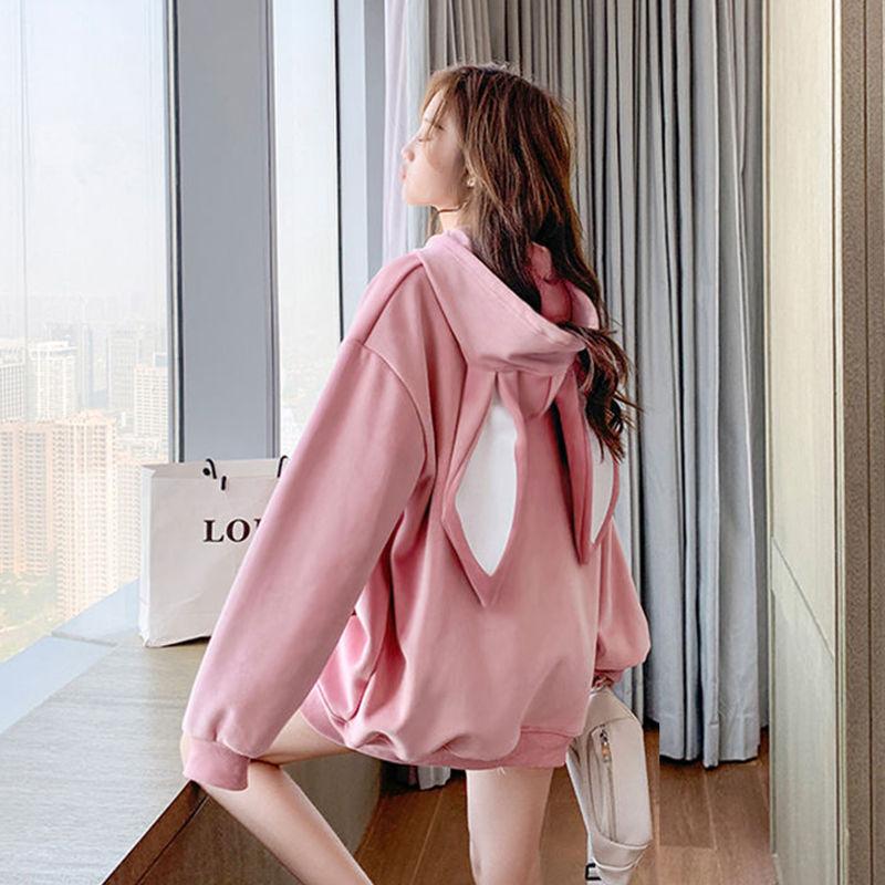 Женские толстовки с кроличьими ушками осенне-зимние флисовые утепленные теплые женские толстовки в стиле Харадзюку женские худи с капюшоном повседневные топы XS розовый 1730₽