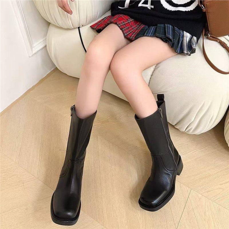 Washing Process Retro Autumn And Winter Knight Boots Women'S Medium Boots British Thick Heel Round Head Leather Side Zipper Fashion Riding Boots
