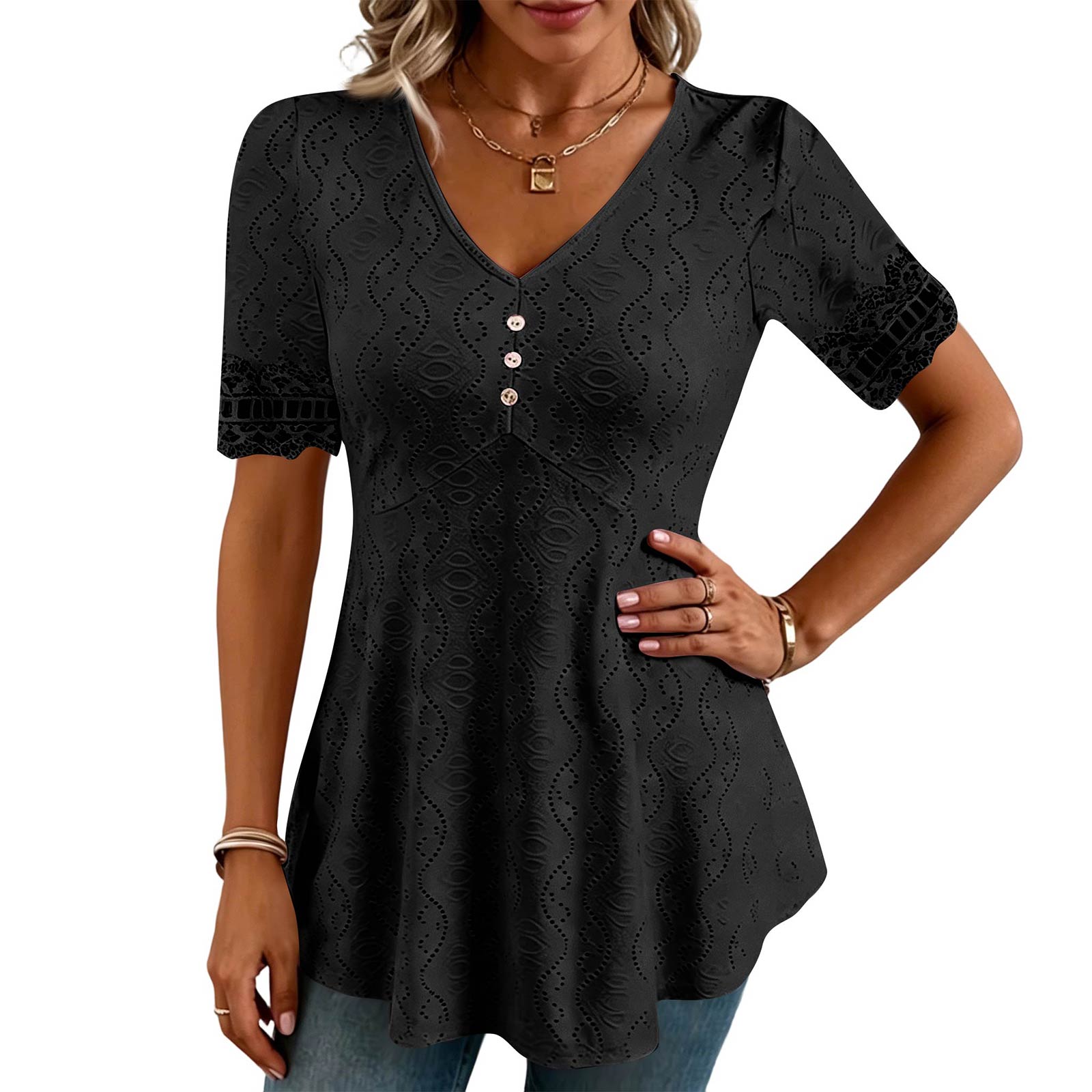 

Women s Color V-neck Hollow Lace Fashionable Short Sleeved Top L чёрный