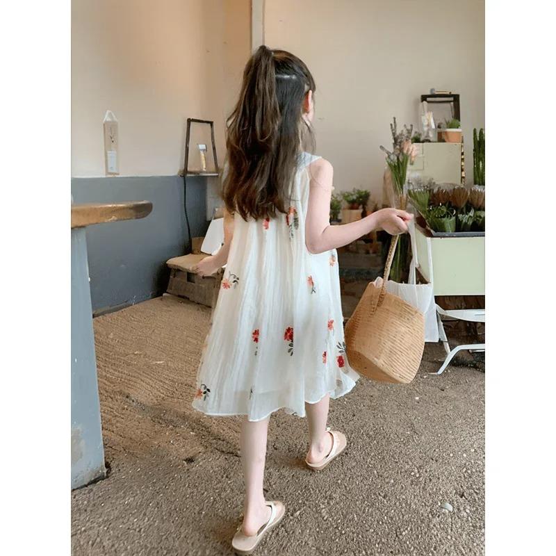 Summer Arrival Neck Embroidered Dress Floral Embroidered Mesh Layered Sleeveless Dress Girls Cute