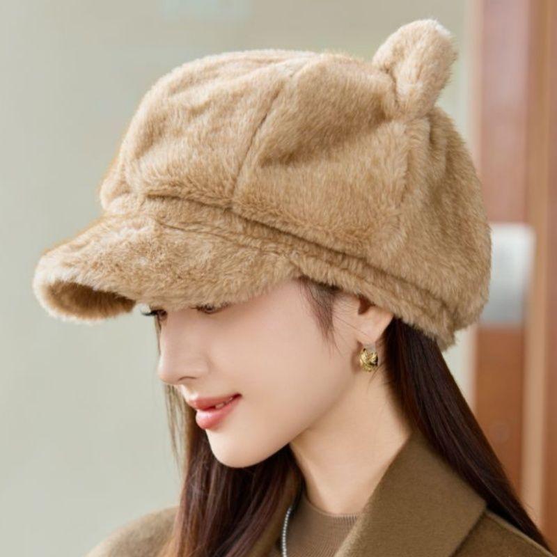 New Style Rabbit Fur Octagonal Hat Women's Fashionable Plush Hat Cat Ear Thermal Cap Wide-Circumference Head Wrap