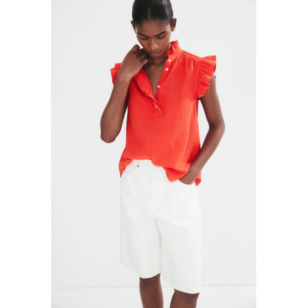 

H M Butterfly Sleeve Muslin Blouse Bright Red