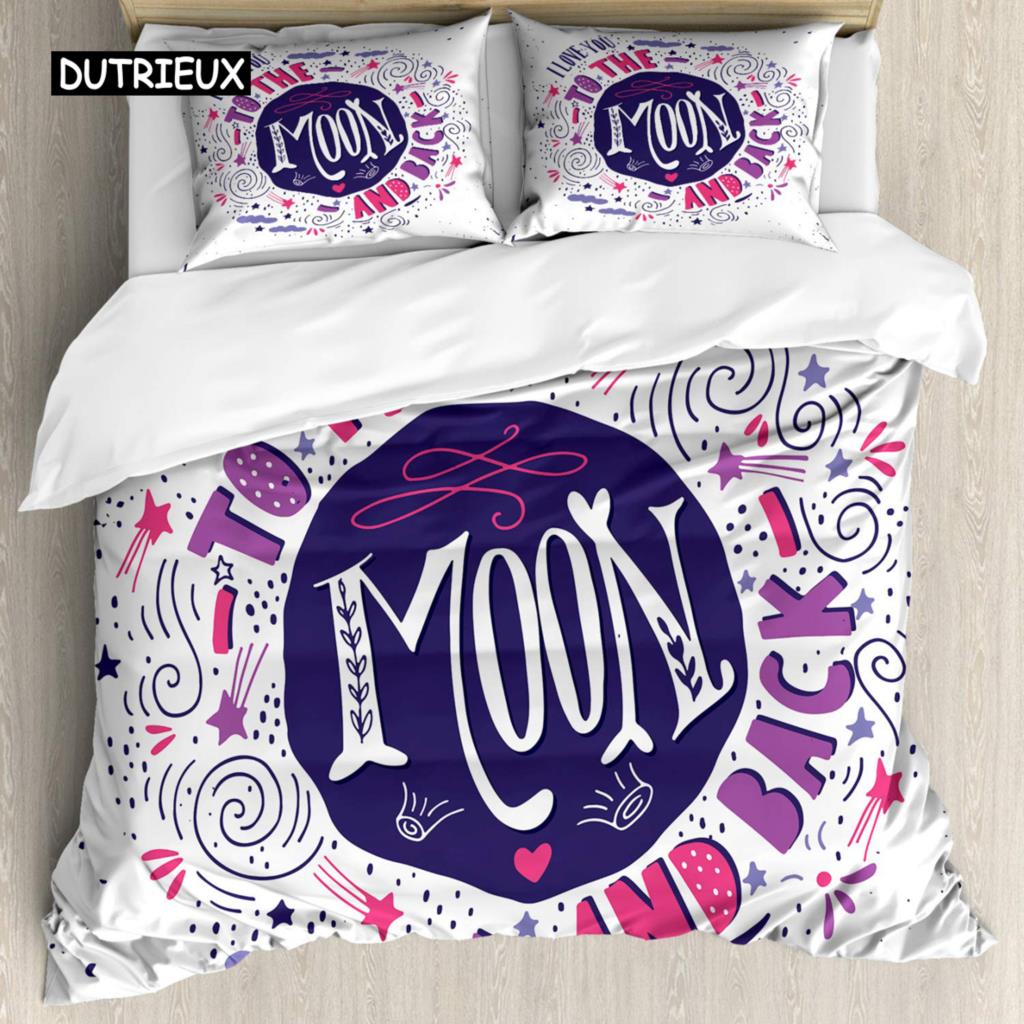 I Love You Duvet Cover Hand Drawn I Love You To The Moon and Back Words with Stars Celebration King Size Polyester Bedding Set