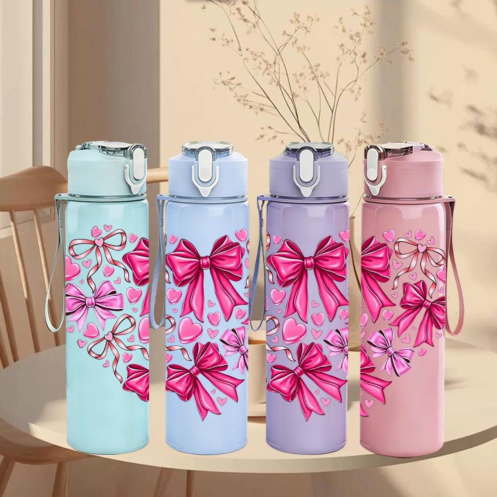 1PC Pink Bow Ribbon Heart Bouquet 750ml Color Plastic Sports Water Bottle Leakproof Flip Straw Lid Suitable for Sports Office Home Use