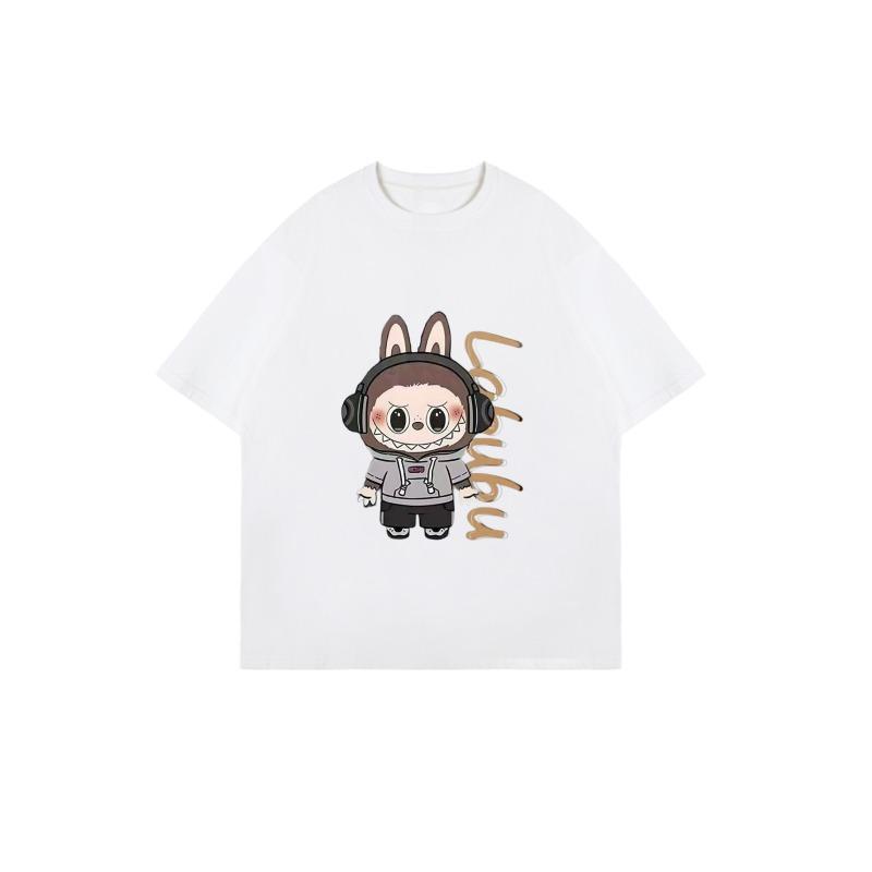 Oversized T Shirt Black Cartoon Rabbit With Headphones And Lolubu Text Print Casual Streetwear For Women
