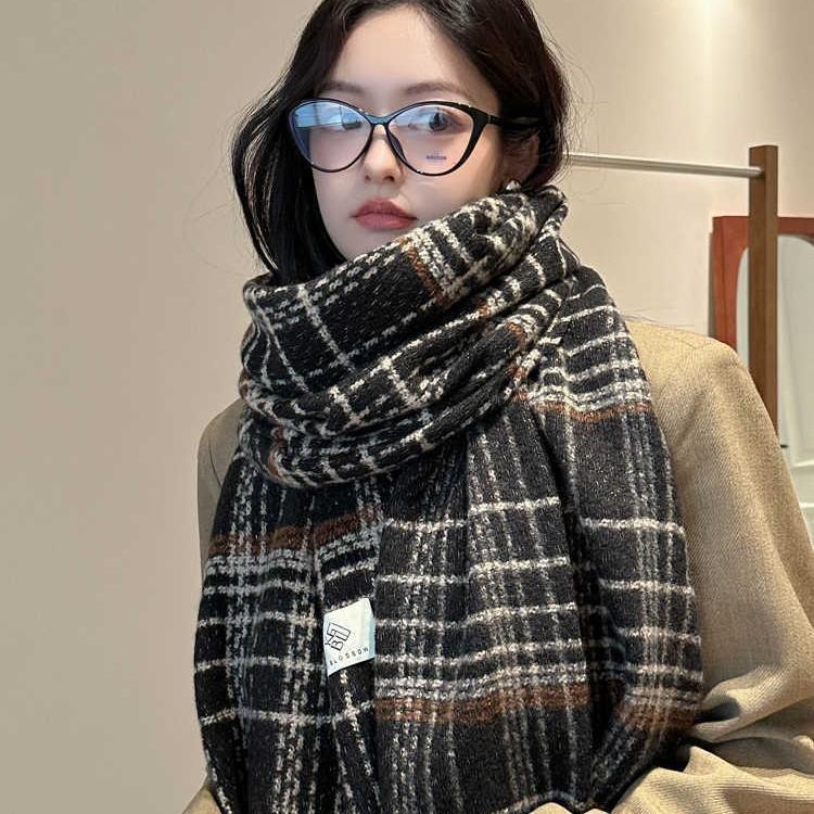 Houndstooth Bright Silk Scarf Warm Neck Winter Premium Plaid Knit Scarf